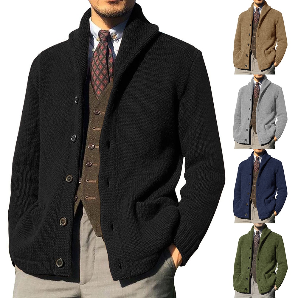 Men&s Sweater Cardigan Knitted Single Breasted Button Winter Stand Collar Cardigan Men Jackets Male British Style Sw